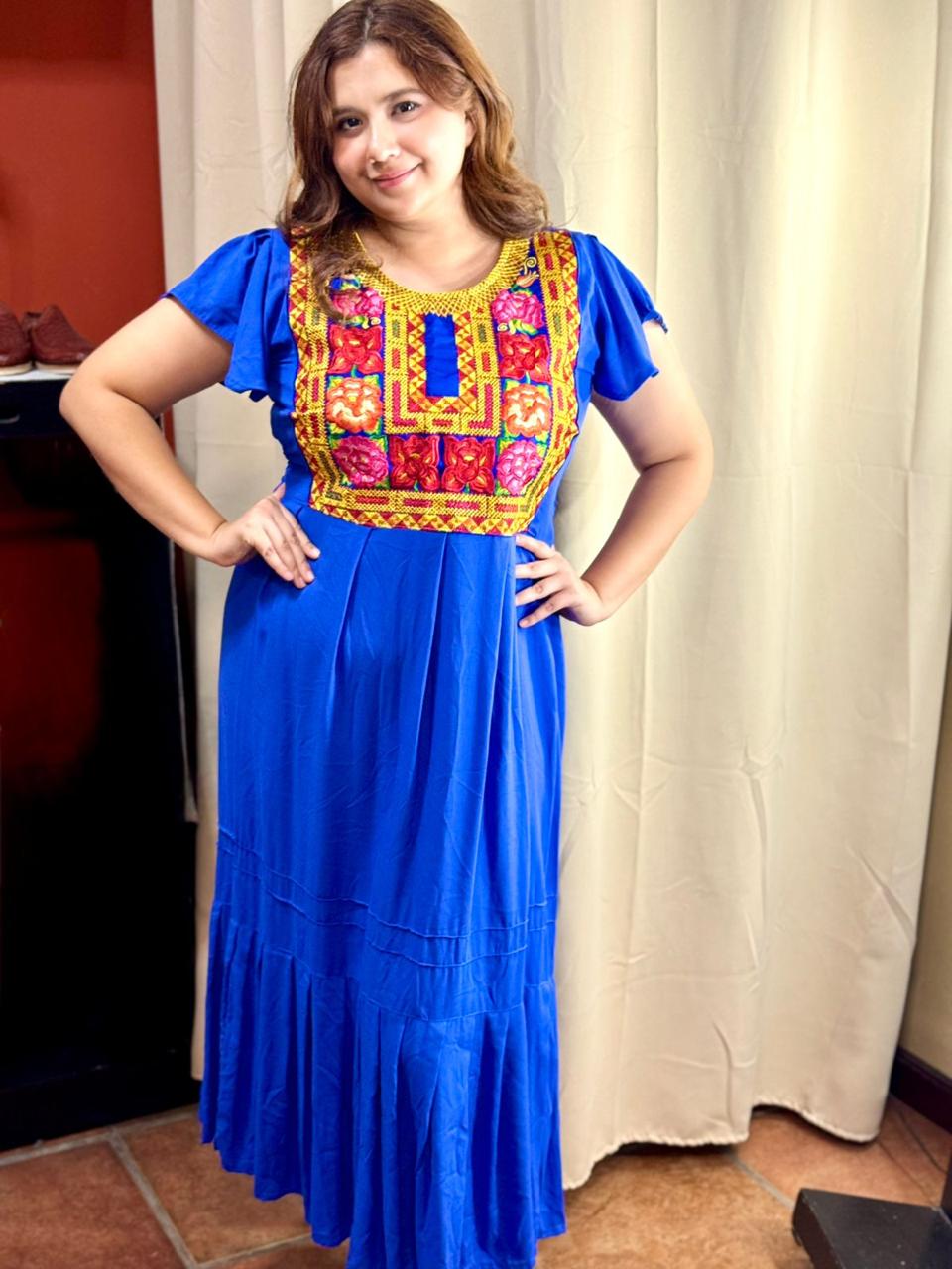 Vestido Artesanal largo, algodón, Tehuana Moderno Azul