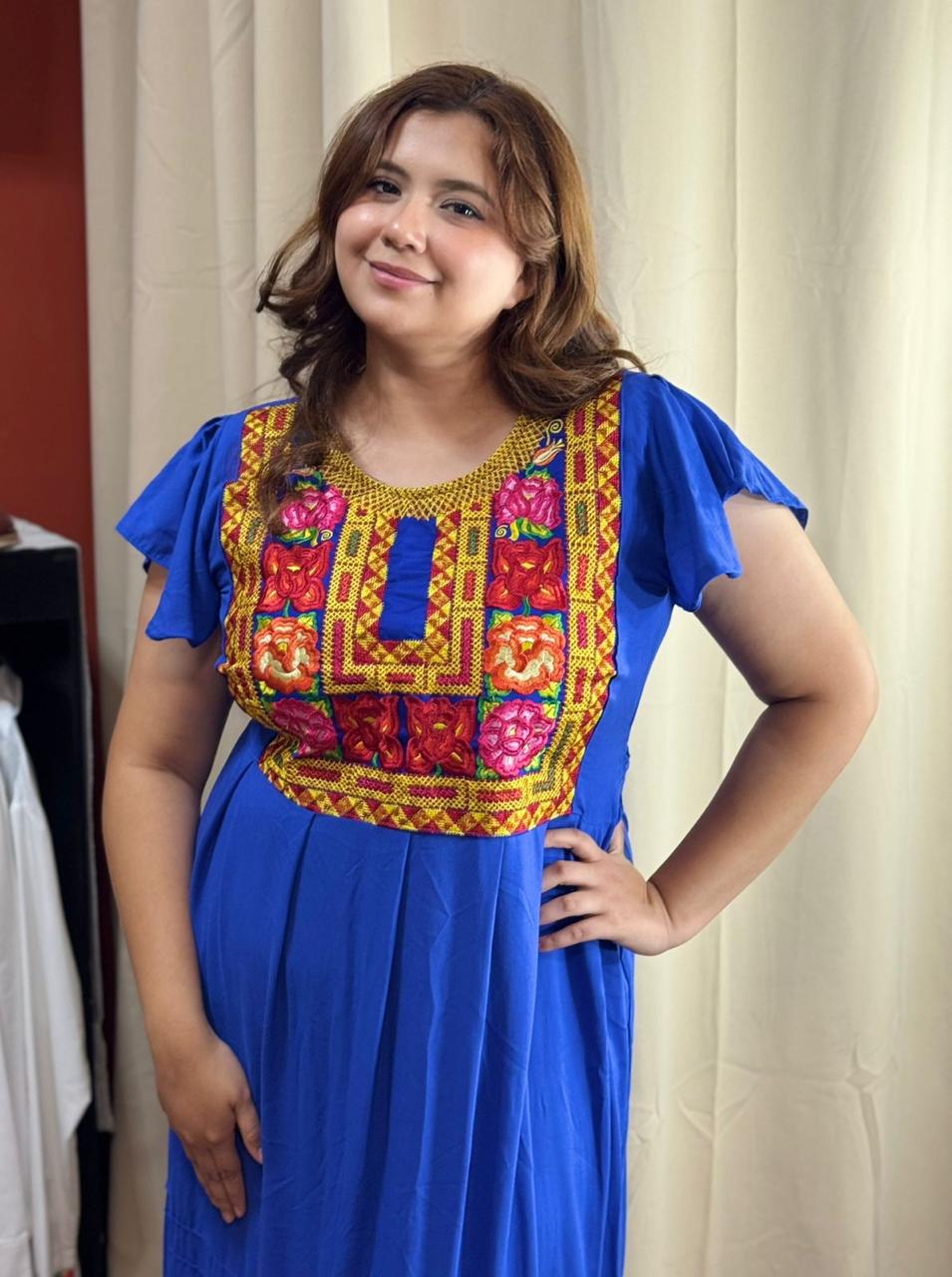 Vestido Artesanal largo, algodón, Tehuana Moderno Azul - Image 3