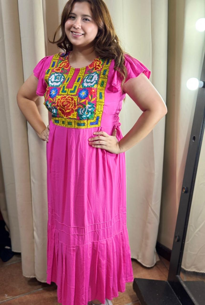 Vestido Artesanal largo, algodón, Tehuana Moderno Rosa - Image 2