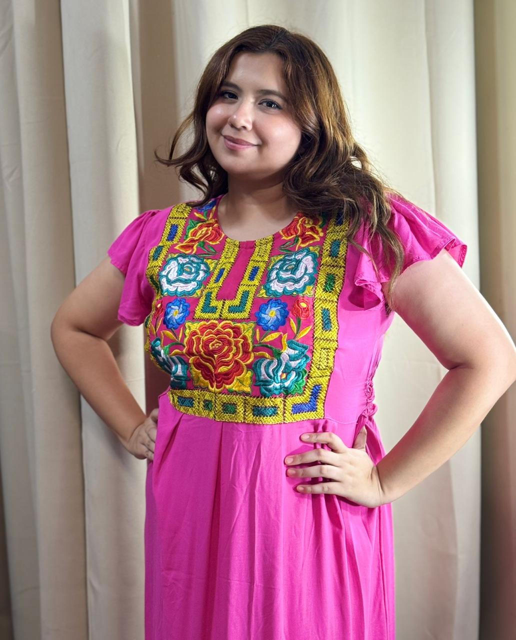 Vestido Artesanal largo, algodón, Tehuana Moderno Rosa - Image 3