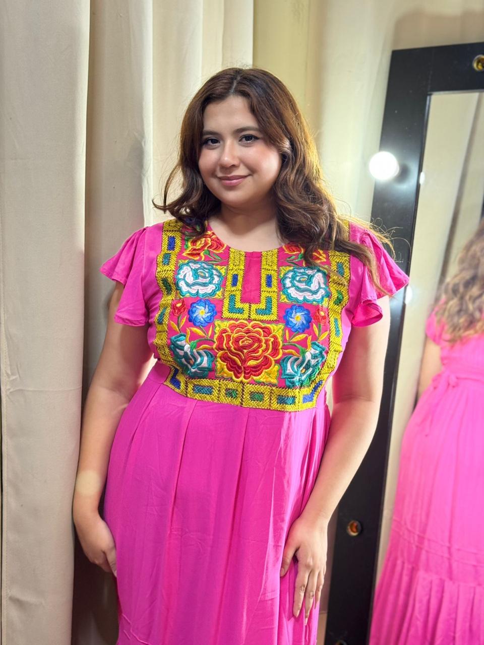 Vestido Artesanal largo, algodón, Tehuana Moderno Rosa